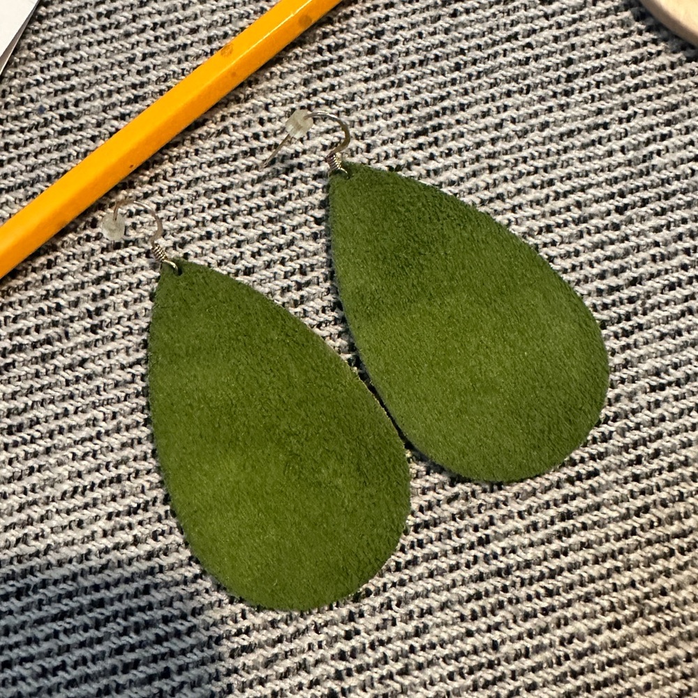 Nickel and Suede olive green suede teardrop earrings